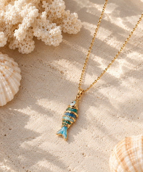 Blue fish pendant necklace with gold-tone detailing