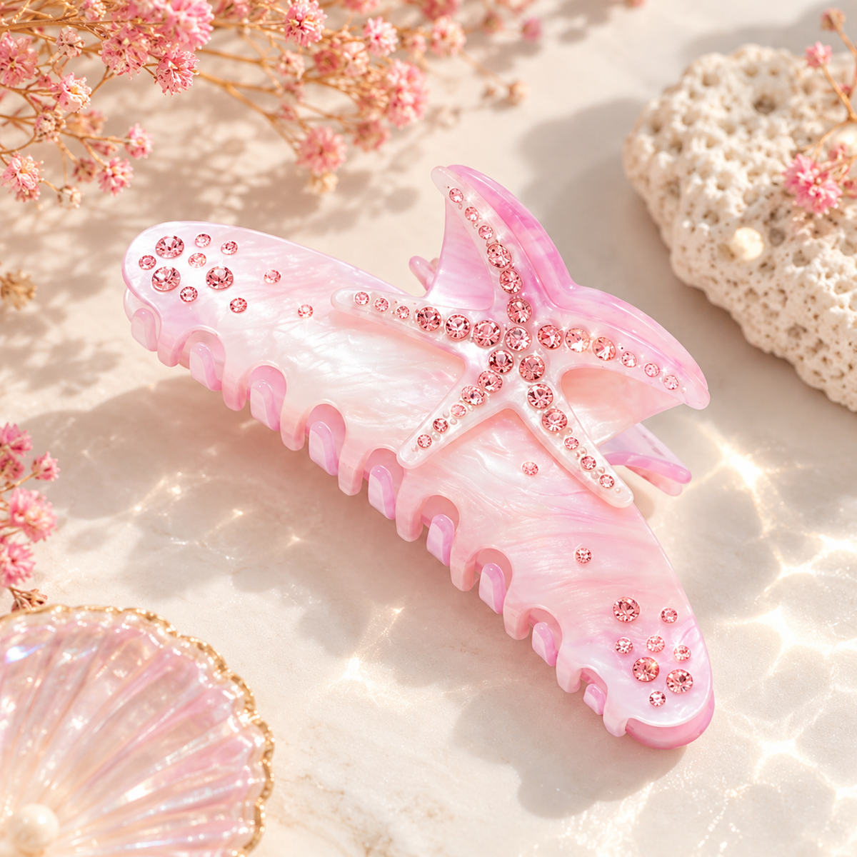 Pink pearlescent-look starfish hair claw clip with pink gem embellishments